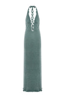 Suncillo Lyra Maxi Dress in sage green, flowing fabric with a relaxed fit, featuring a V-neck and adjustable shoulder straps.