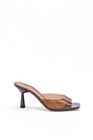 Kolane Greta mule sandals in chocolate brown with transparent straps, featuring a stylish open-toe design and comfortable flat sole.
