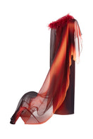 Valenciani printed orange gown with a cape featuring detachable ostrich feather trim, elegant formal dress.
