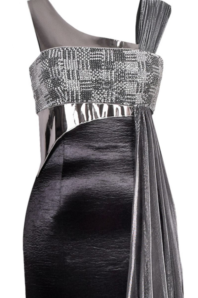 BLACK SEQUIN BUSTIER ASYMMETRIC GOWN - CULT MIA