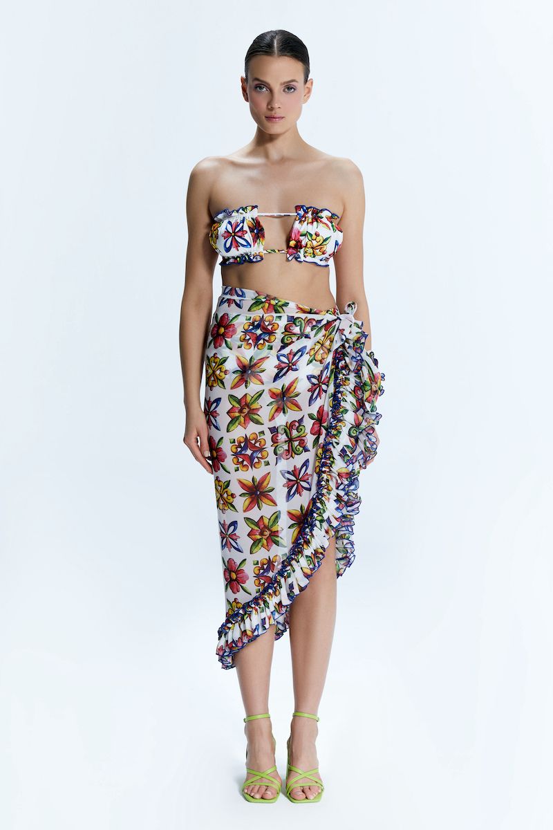 Nur Karaata Lily Sicilia long pareo cover-up with floral print, lightweight fabric, and flowing design for beach or poolside wear.