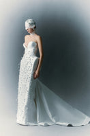 White Plan Christopher gown, elegant white formal dress with flowing fabric and delicate design, perfect for special occasions.