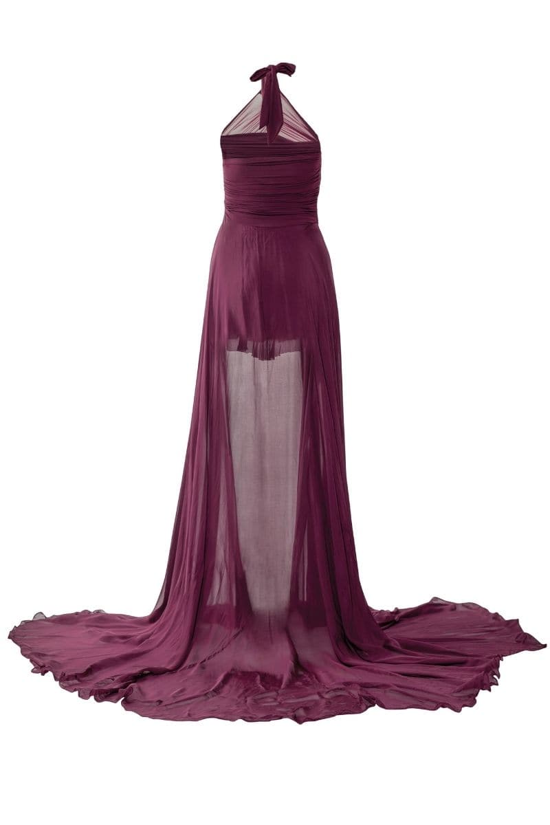 Deme By Gabriella Kerstin Wine Flared Gown with a fitted bodice and flowing skirt, perfect for elegant occasions.