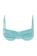 Suncillo Gina sparkly turquoise bikini top with shimmering fabric and adjustable straps, perfect for beach or poolside wear.
