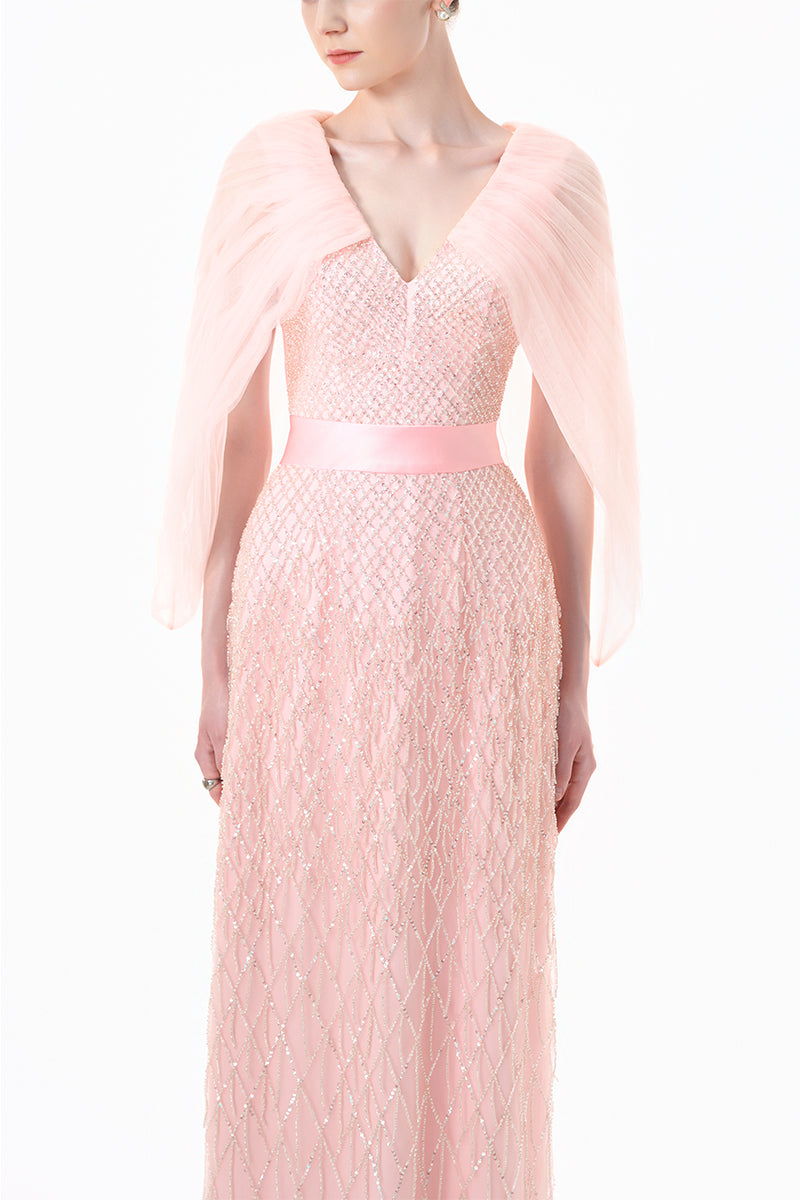Blush pink beaded V-neck cape gown by HAPPY CLOTHING, elegant formal dress with intricate beadwork and flowing fabric.