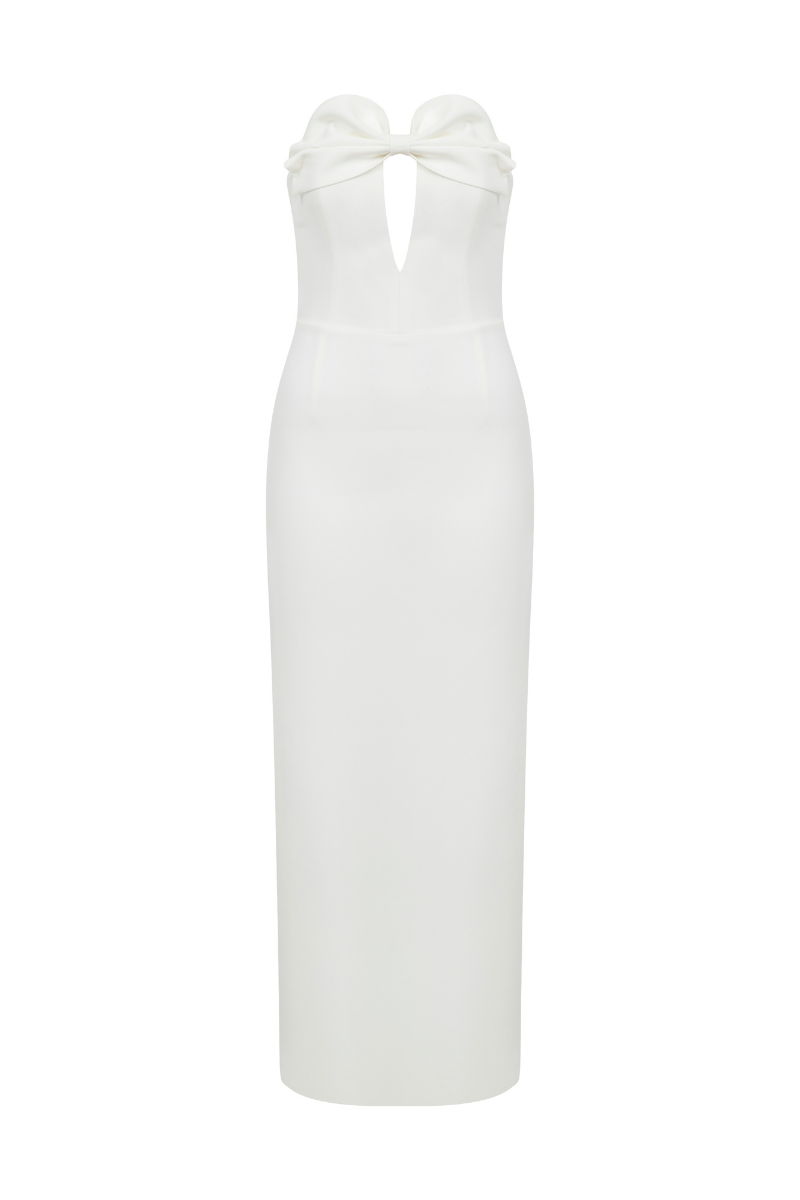 WHITE STRAPLESS CUT-OUT BOW DETAIL MIDI DRESS - CULT MIA