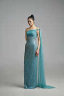 Elegant A-line one-shoulder organza gown by Happy Clothing, featuring flowing fabric and a stylish off-shoulder design.