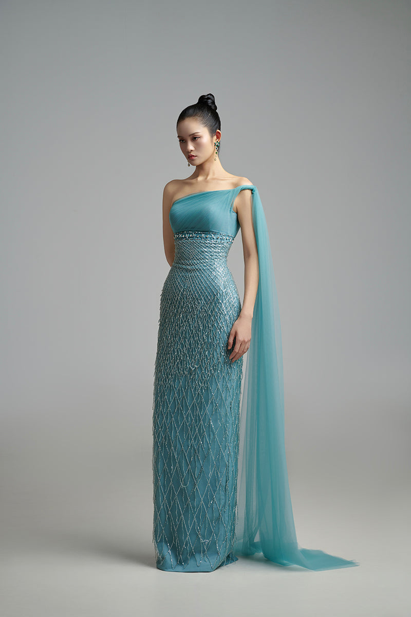 Elegant A-line one-shoulder organza gown by Happy Clothing, featuring flowing fabric and a stylish off-shoulder design.