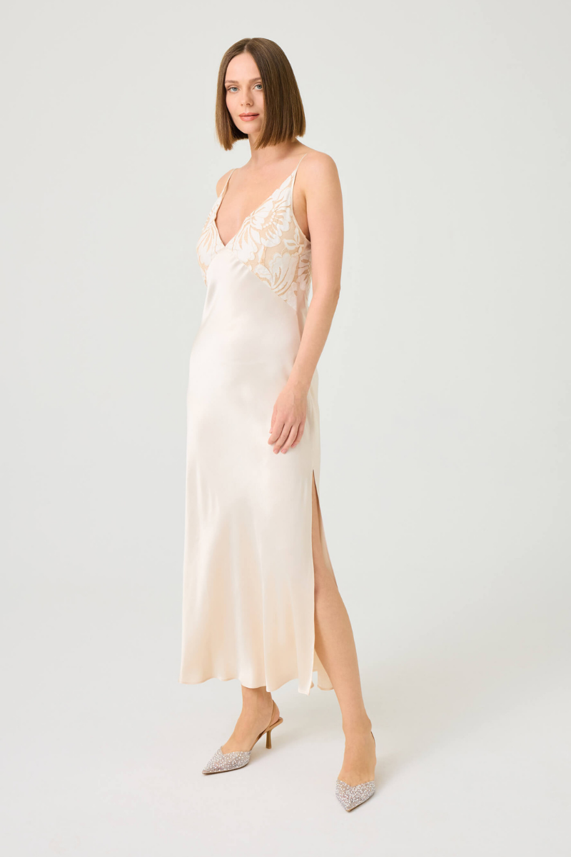 Bocan Couture ELA long cupro nightgown with beige lace details, featuring a flowing design and elegant neckline.
