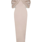 Beige off-shoulder pencil gown by HACCHIC COUTURE, featuring a fitted silhouette and elegant design perfect for formal occasions.