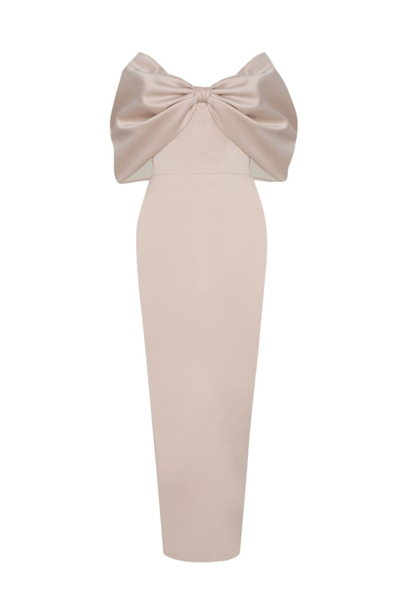 KARA BEIGE OFF-SHOULDER PENCIL MAXI DRESS - CULT MIA