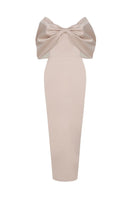 Beige off-shoulder pencil gown by HACCHIC COUTURE, featuring a fitted silhouette and elegant design perfect for formal occasions.