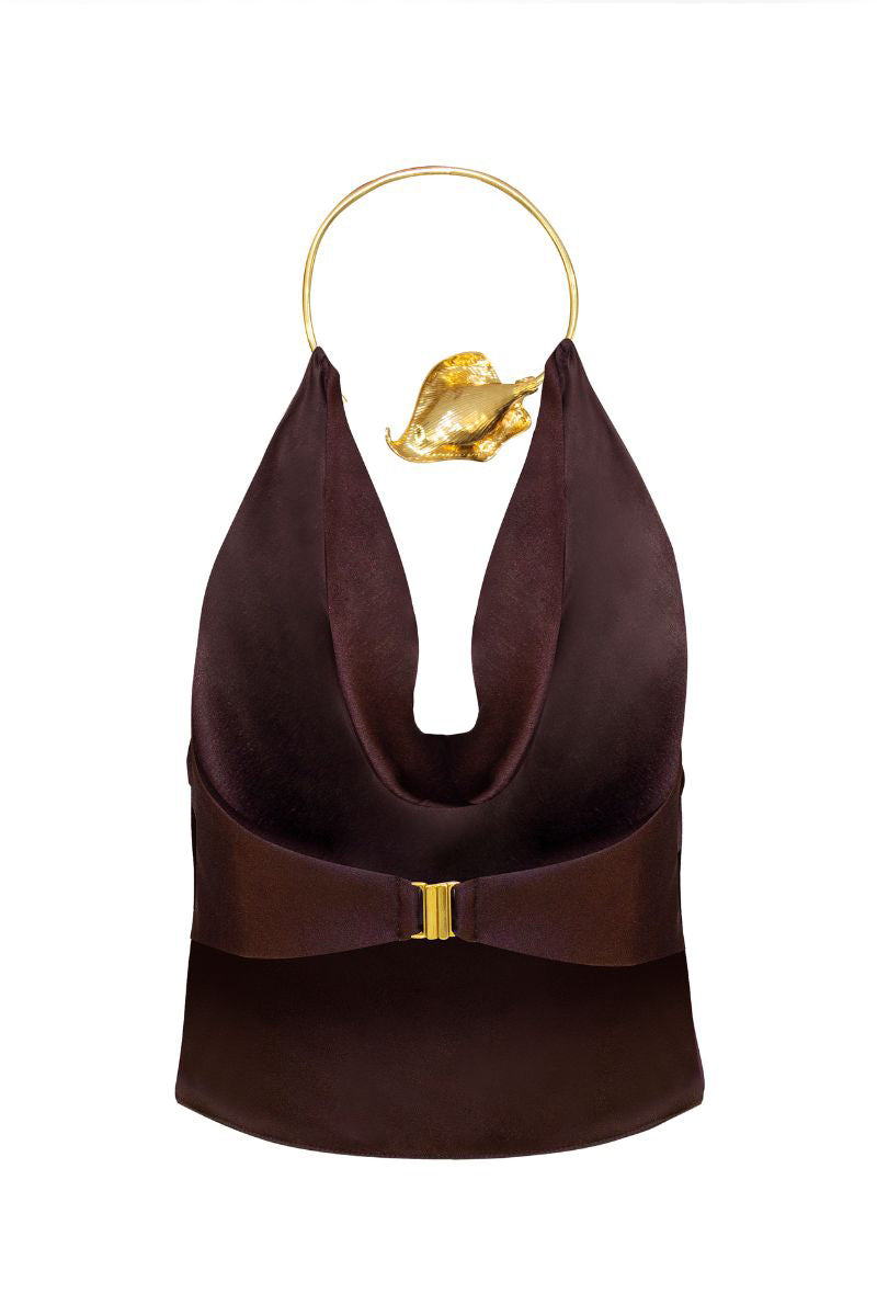 Brown Rachael top by Laura Escobar, featuring a stylish, fitted design with a round neckline and long sleeves.