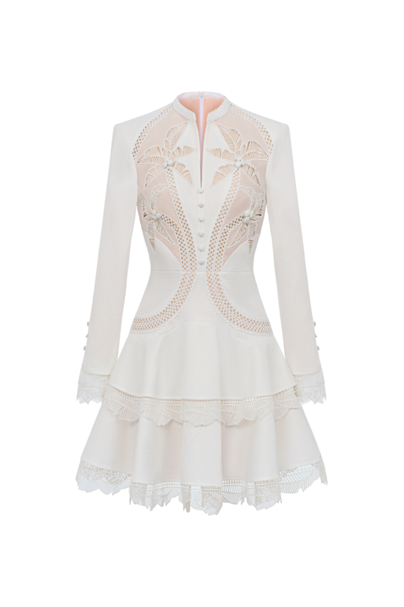 TWEED HIGH-NECK MINI DRESS IN WHITE