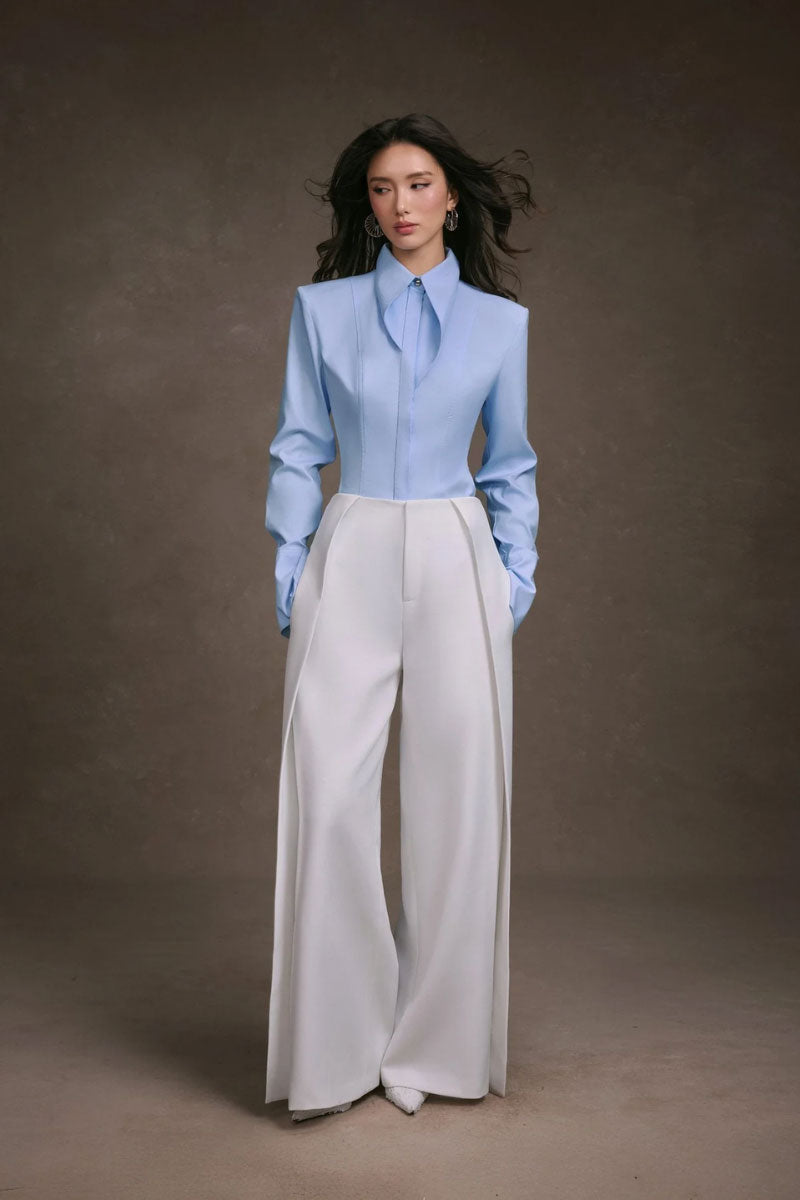 Keira Tong Stripe Cupped Collar Shirt featuring a classic striped pattern, button-down front, and stylish cupped collar.