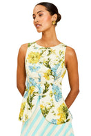 Mestiza New York Annelise Vest in verdant blooms with floral pattern, sleeveless design, lightweight fabric, and V-neck style.