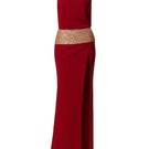 Wine-red slit gown by Phan Huy featuring a wide back strap and elegant flowing fabric.