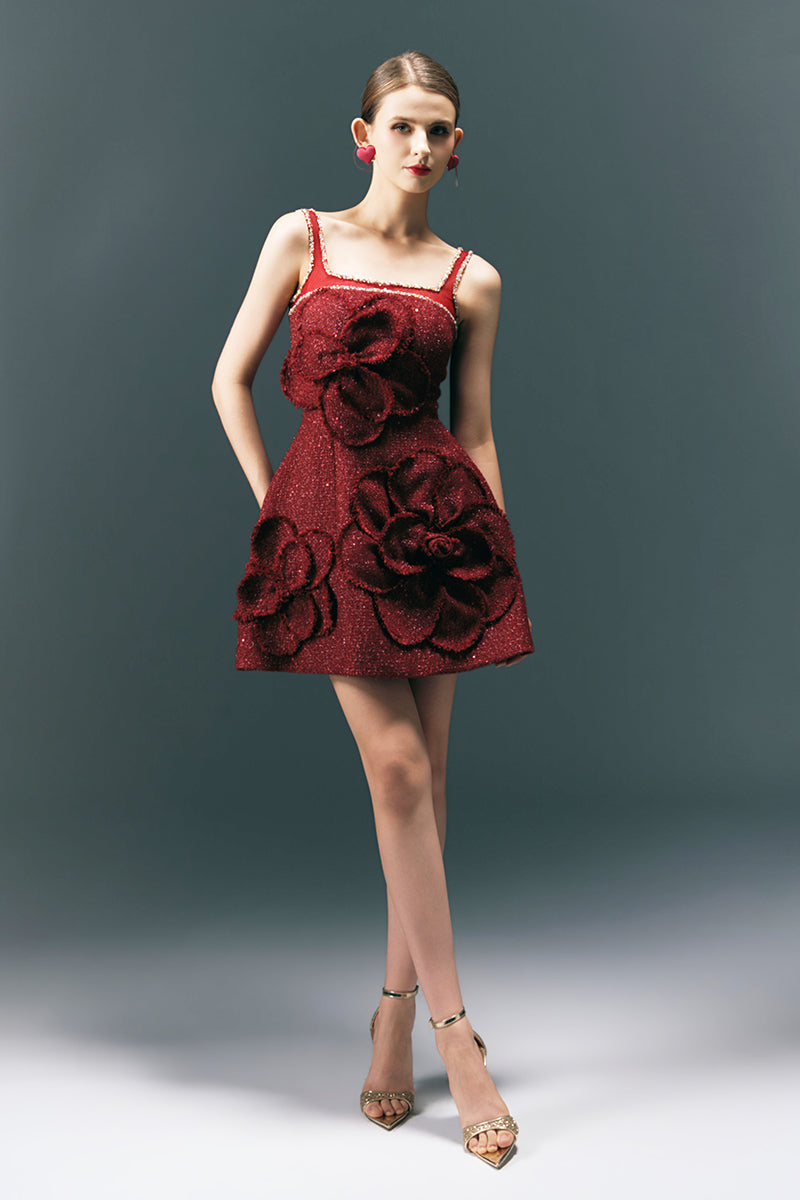 HAPPY CLOTHING CULT MIA X floral tweed mini dress with a fitted silhouette and vibrant floral pattern on textured fabric.