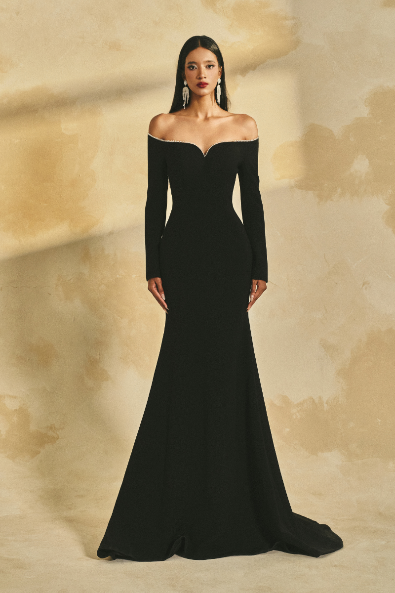 LONG-SLEEVE POLY CREPE OFF-SHOULDER MERMAID GOWN