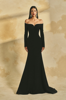 L'SCARLETT long-sleeve poly crepe off-shoulder mermaid gown with fitted silhouette and elegant design.