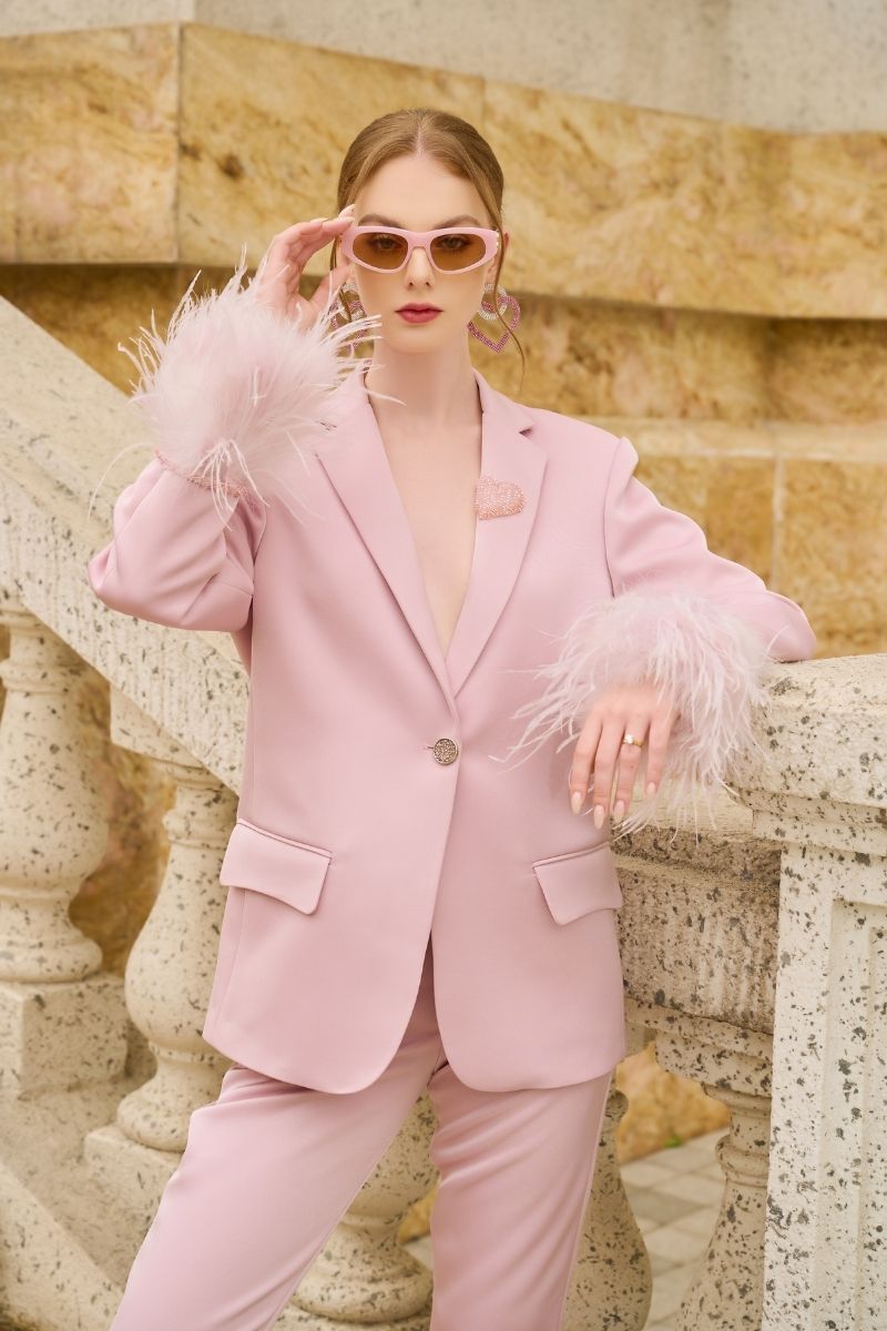 Baby pink Kelly taffeta feather suit co-ords set by 21Six, featuring a jacket and matching pants with feather details.