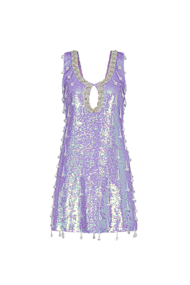 MINI SEQUIN DRESS WITH KEYHOLE CUTOUT IN PURPLE