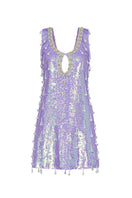 Purple Valenciani mini dress with sequins and a stylish keyhole cutout, perfect for a trendy evening look.