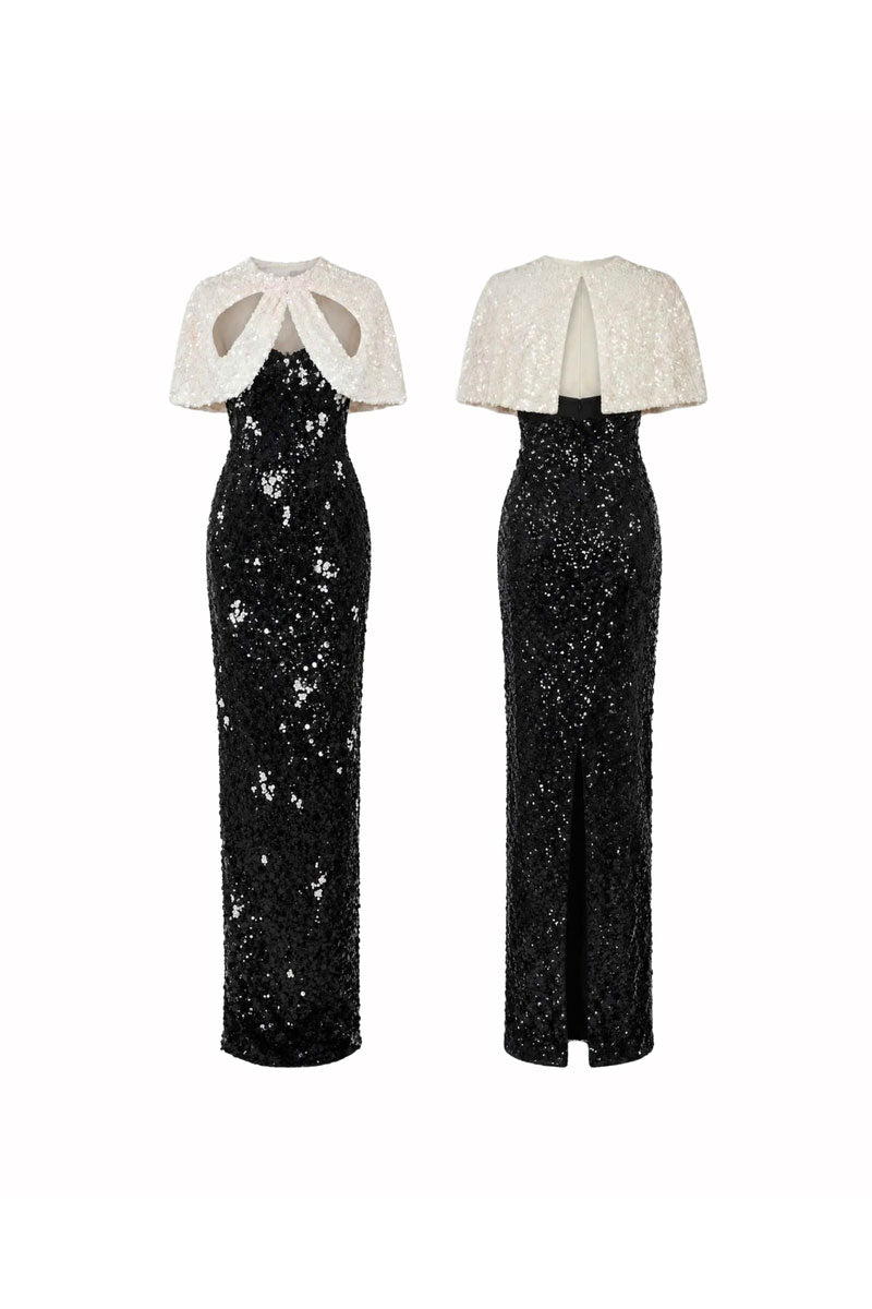 HACCHIC COUTURE Luna cape gown in black, elegant maxi dress with flowing fabric and cape detail, perfect for formal occasions.