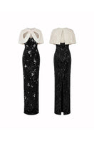 HACCHIC COUTURE Luna Cape Gown in black, elegant floor-length gown with flowing cape detail, perfect for formal occasions.