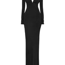 CEM deep V-neckline gown with gathered shoulder details, elegant and flowing fabric for formal occasions.