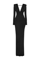 CEM deep V-neckline gown with gathered shoulder details, elegant and flowing fabric for formal occasions.