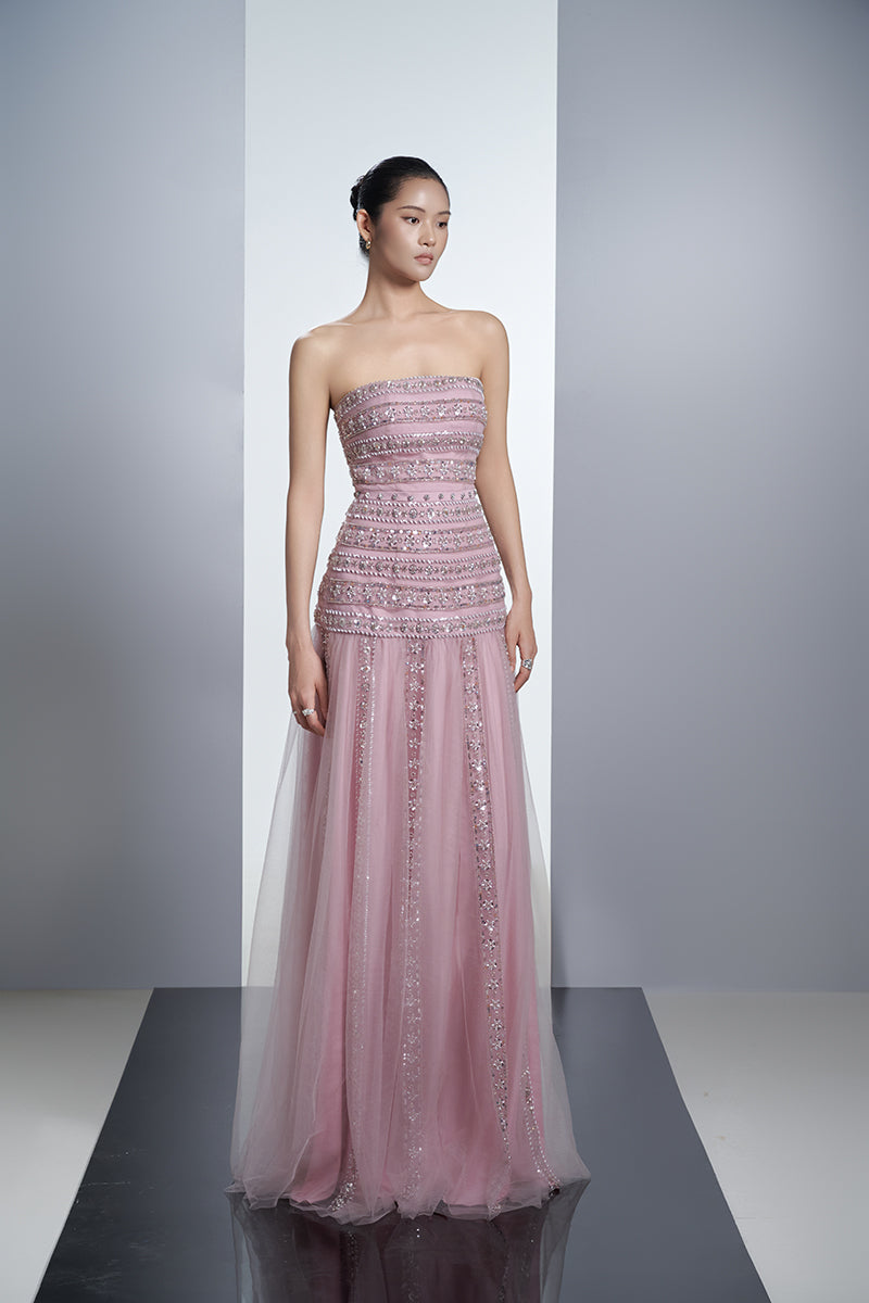 EMBELLISHED HOODED MESH MAXI DRESS IN DUSTY PINK - CULT MIA
