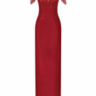 Red CELESTE Royal Taffeta gown by 21Six, elegant evening dress with a fitted bodice and flowing skirt, showcased on a model.