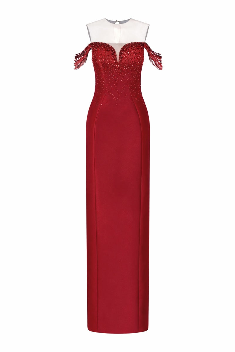 Red CELESTE Royal Taffeta gown by 21Six, elegant evening dress with flowing fabric and intricate design details.