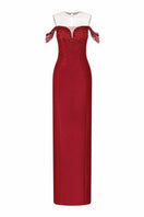 Red CELESTE Royal Taffeta gown by 21Six, elegant evening dress with a fitted bodice and flowing skirt, showcased on a model.
