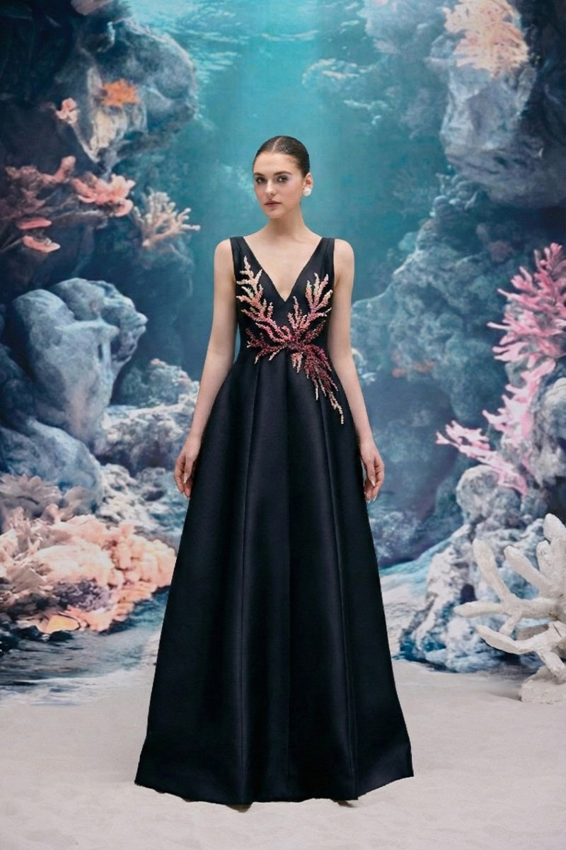 Black Evelina Royal Taffeta gown by 21Six featuring elegant fabric and a flowing, sophisticated silhouette.