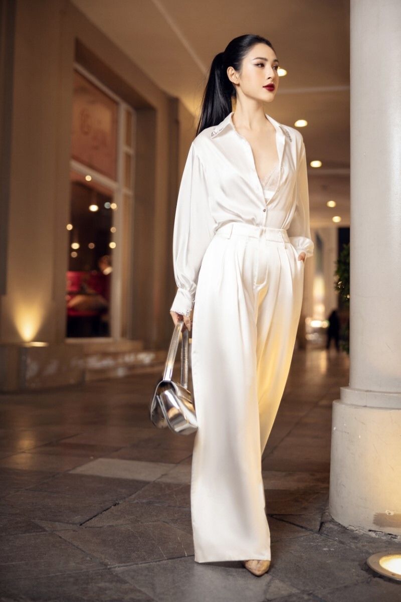 White silk satin co-ord set by 21Six featuring a crystal-embellished shirt and matching pants, elegant and luxurious.