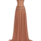 Brown strapless chiffon maxi dress by CEM featuring flowing fabric and elegant design, perfect for formal or summer occasions.