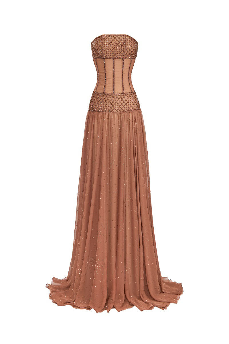 فستان ماكسي بني اللون من الشيفون بدون حمالات
