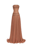 Brown strapless chiffon maxi dress by CEM featuring flowing fabric and elegant design, perfect for formal or summer occasions.
