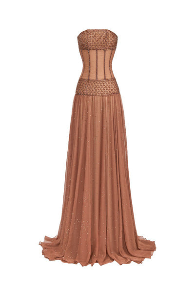 BROWN STRAPLESS CHIFFON MAXI DRESS | CULT MIA
