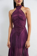 Deme By Gabriella Kerstin Wine Flared Gown with elegant flowy fabric and long sleeves, perfect for formal occasions.