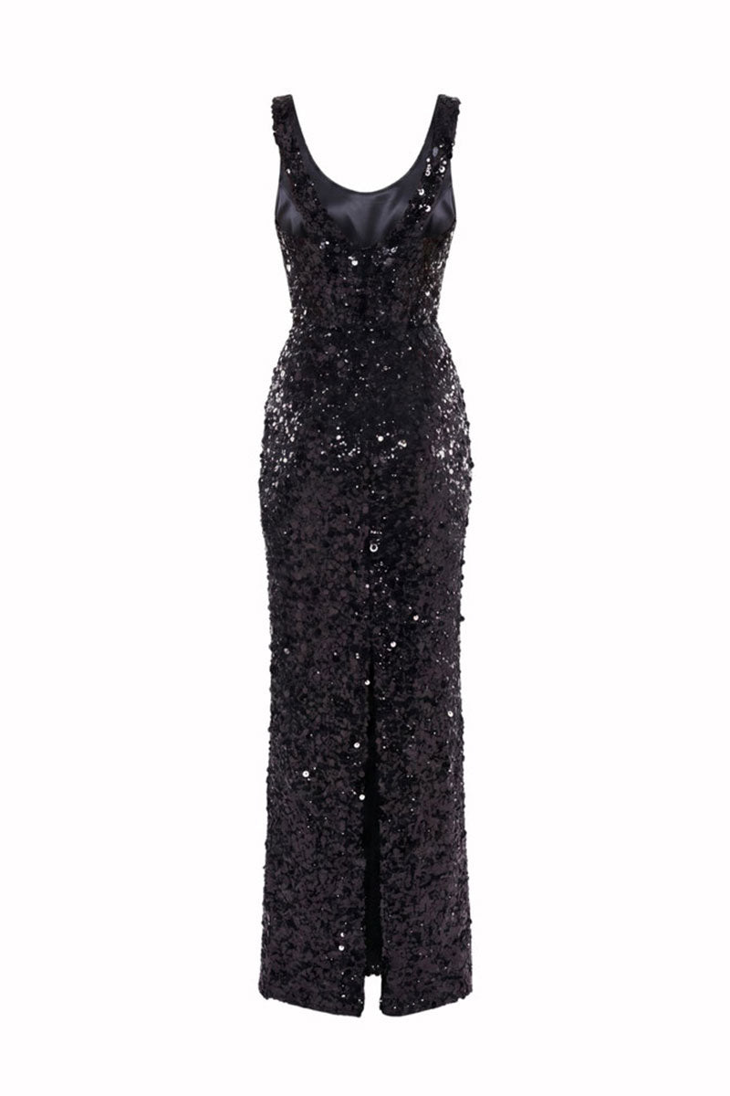 HACCHIC COUTURE Stella contrast sequin gown in silver and black, elegant maxi dress with shimmering sequins and flowing fabric.