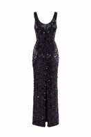 HACCHIC COUTURE Stella contrast sequin gown in silver and black featuring elegant draping and shimmering details.