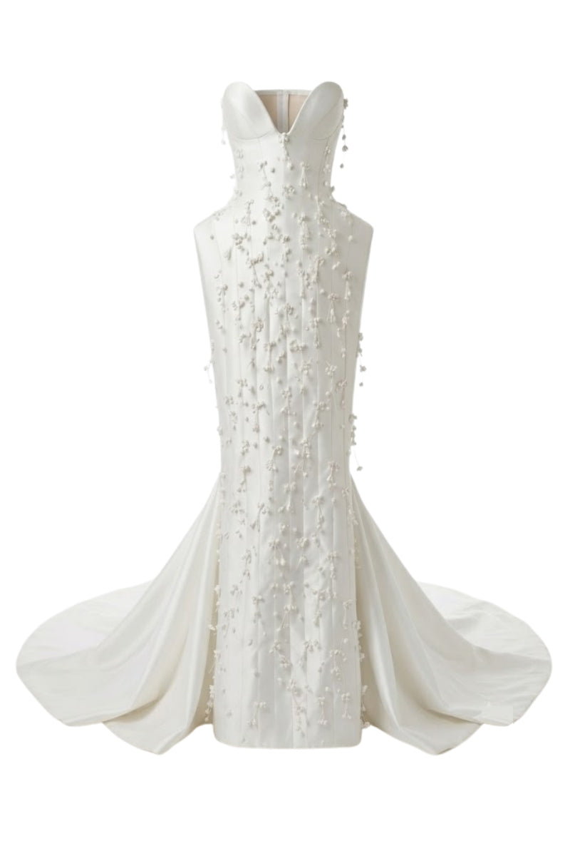 White Plan Christopher dress gown with elegant design, featuring flowing fabric and intricate detailing, perfect for formal occasions.