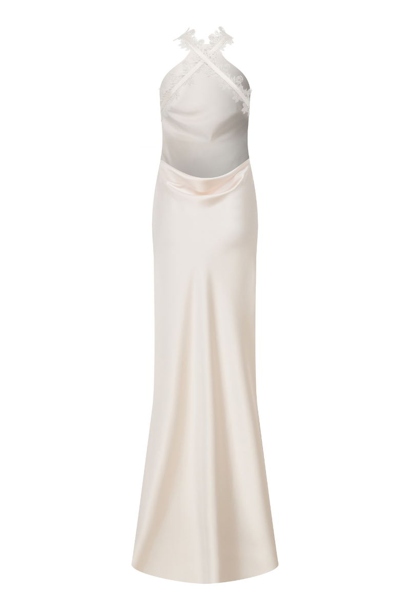 HALTER NECK MAXI SATIN DRESS WITH LACE TRIMMINGS IN ECRU - CULT MIA