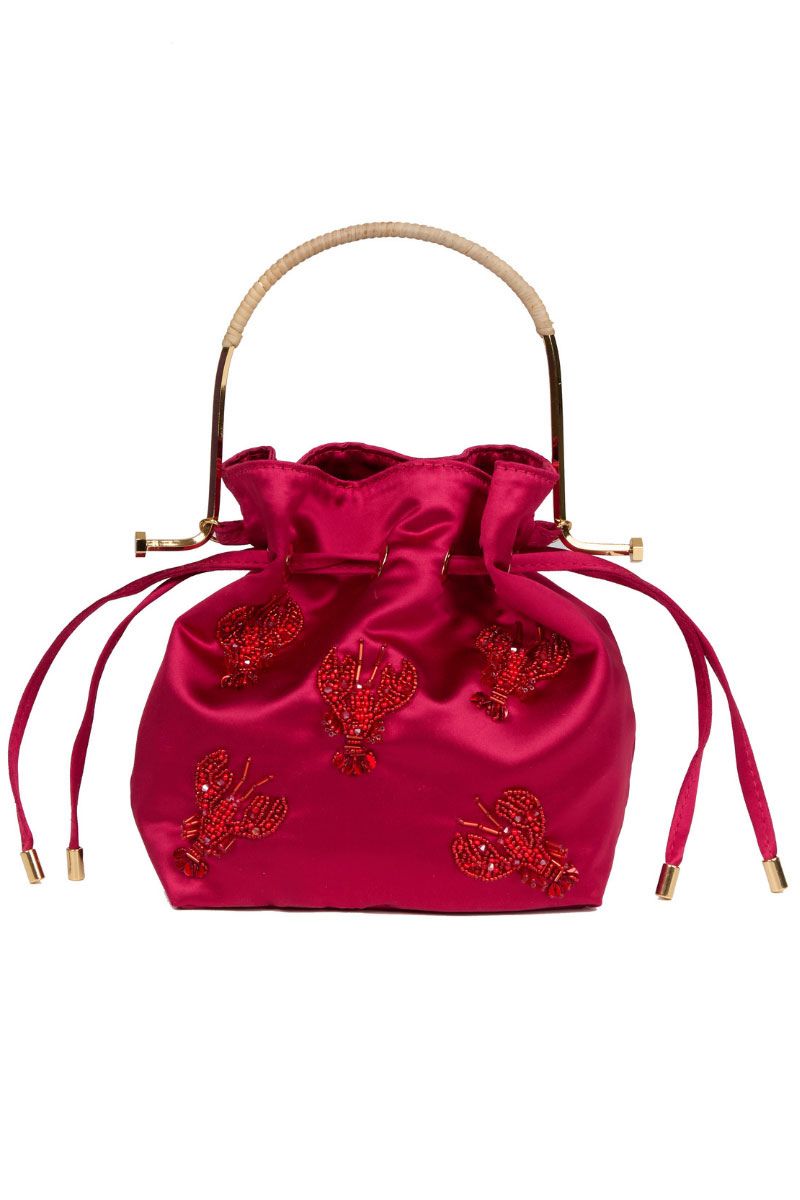 Waiwai Rio BEL CETIM lobster top handle bag in vibrant red with gold hardware and structured design.