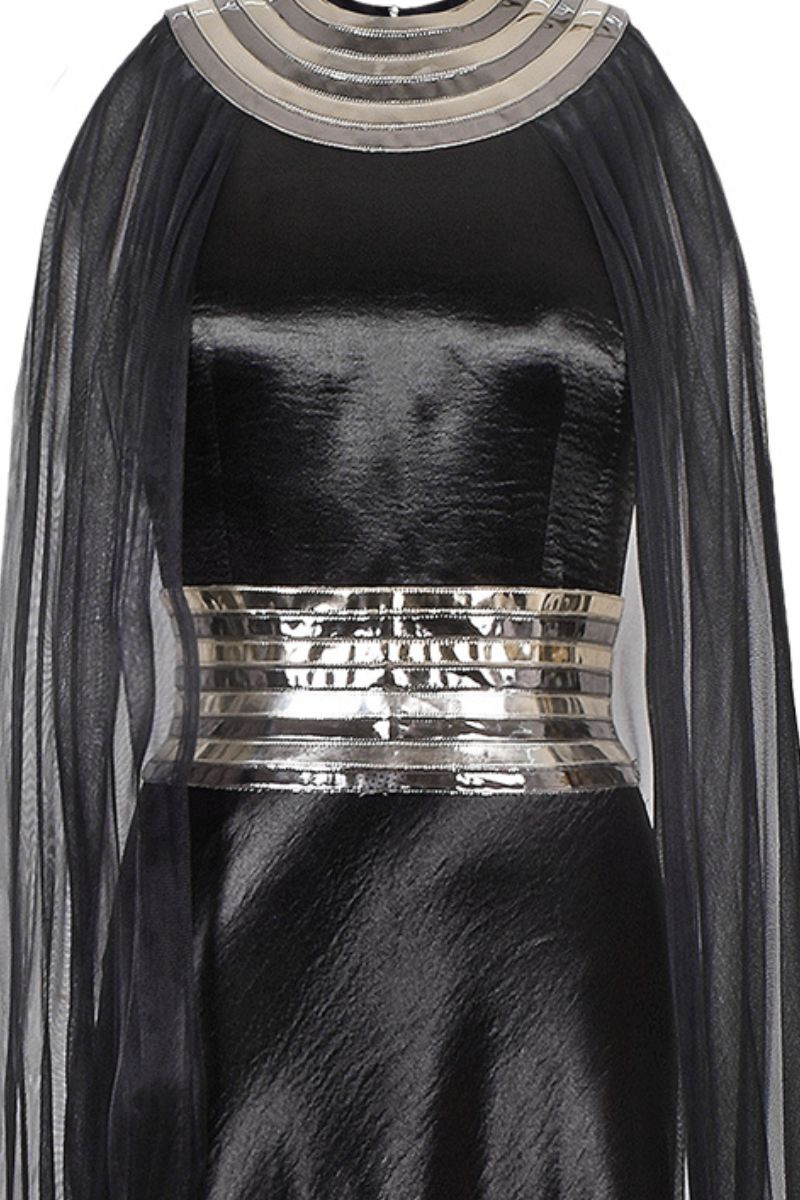 BLACK FALL-PANELLED TEXTURED SATIN GOWN - CULT MIA