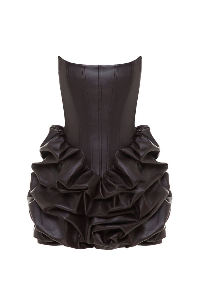 LUCKY DEEP BROWN LEATHER MINI DRESS - CULT MIA