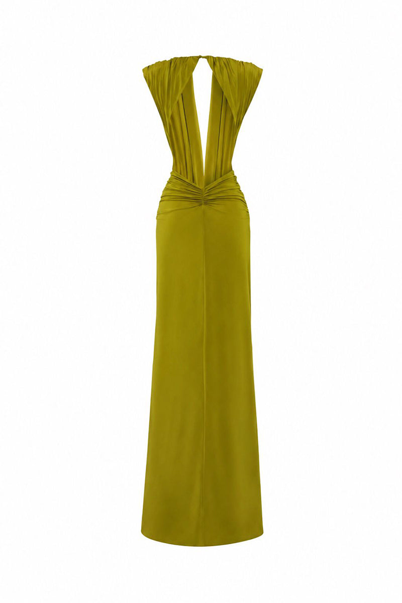 Green V-neck maxi dress with drape details from AWAVE, featuring a front and back design, perfect for elegant summer wear.